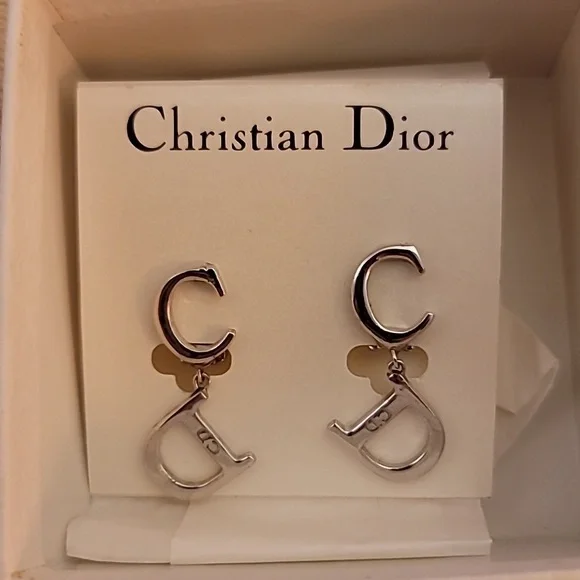 Christian Dior Silver Tone Monogram Logo Earrings RARE/BRAND NEW